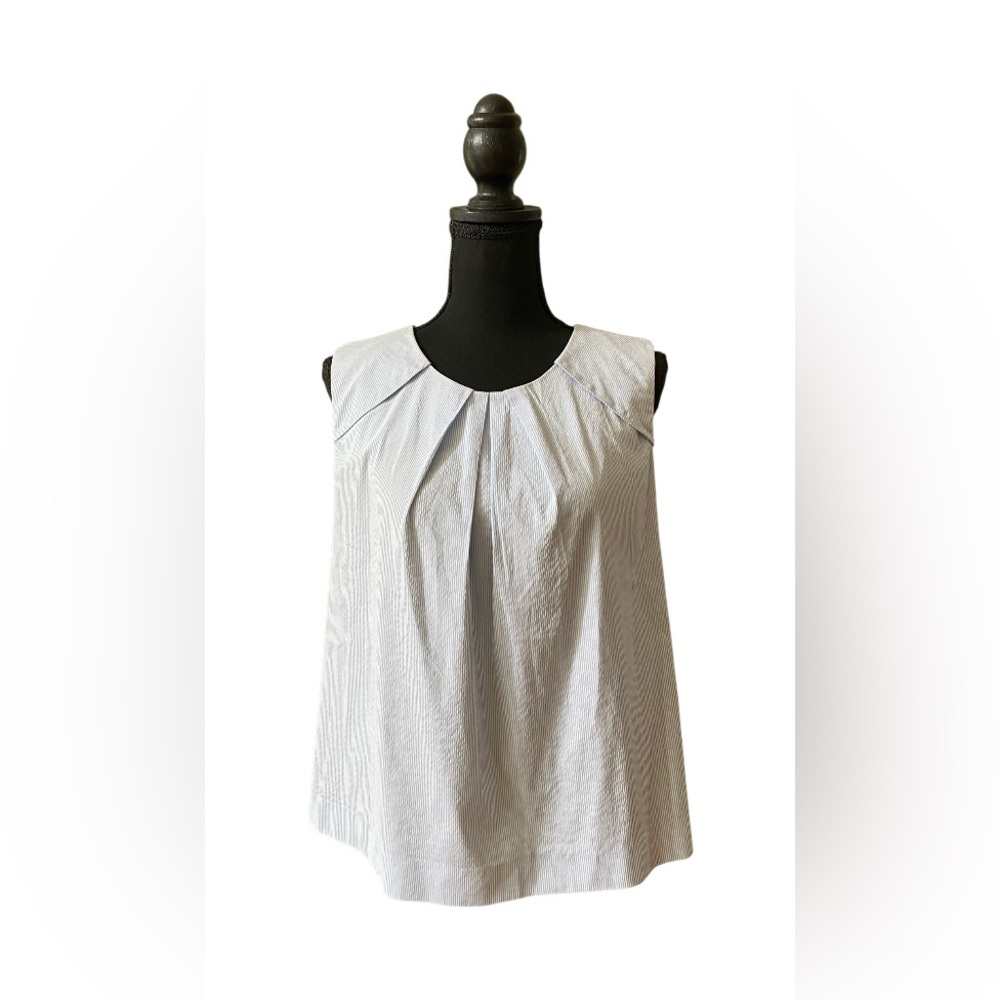 Vince Camuto: Soft White and Blue Business Casual  Pleated Blouse